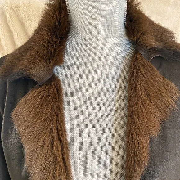 Vintage WHISTLES Dark Brown Soft Leather & Fur Long Overcoat Size Medium